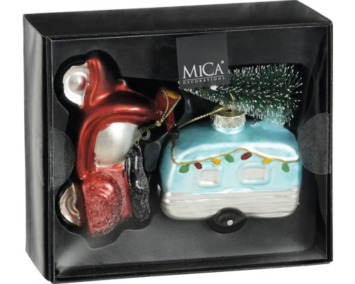 Mica Decorations julgransprydnadsset med skoter och husvagn i presentförpackning