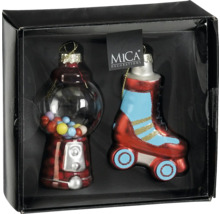 Två julgranskulor i ett set, en som en tuggummiautomat och en som en rullskridsko