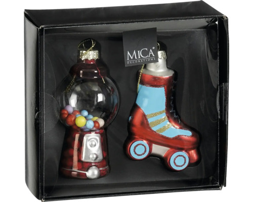 Två julgranskulor i ett set, en som en tuggummiautomat och en som en rullskridsko