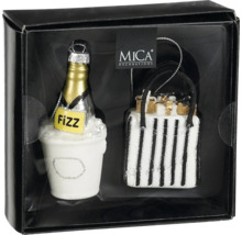 Julgransprydnadsset med champagneflaska och handväska i presentförpackning