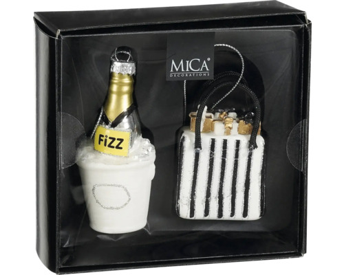 Julgransprydnadsset med champagneflaska och handväska i presentförpackning