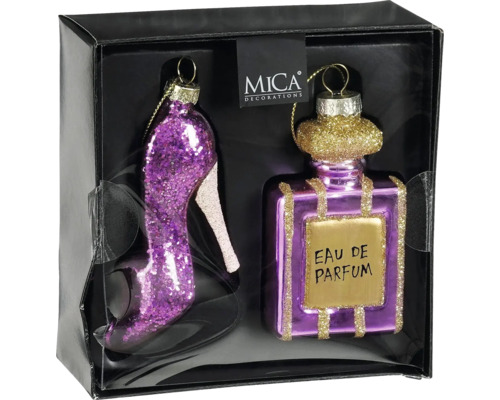 Förpackning med två Mica Decorations julgranskulor i form av en högklackad sko och en parfymflaska