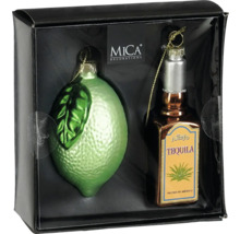Tvådelad uppsättning Mica Decorations julgransdekorationer, bestående av lime och tequilaflaska