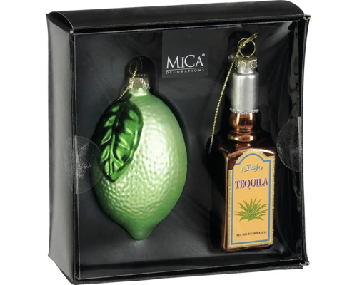 Tvådelad uppsättning Mica Decorations julgransdekorationer, bestående av lime och tequilaflaska
