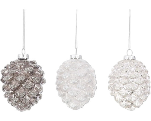 Kottar MICA champagne vit 10cm blandade utföranden Tre kottar som julgransdekorationer