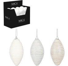 Julgransdekoration i droppform med pärlmönster och Mica Decorations logotyp.