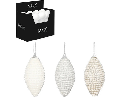Ornament MICA Oliva 12cm blandade utföranden Julgransdekoration i droppform med pärlmönster och Mica Decorations logotyp.