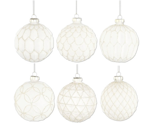 Julgranskula MICA vit Ø8cm blandade utföranden Sex vita julgranskulor med olika mönster