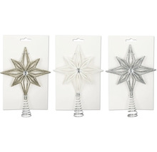 Tre julgransstjärnor i guld, vitt och silver med spiralformad hållare
