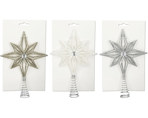 Tre julgransstjärnor i guld, vitt och silver med spiralformad hållare