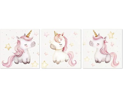 Illustration med tre enhörningar och stjärnor