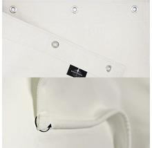 Detaljvy av ett ogenomskinligt tyg med öljetter och Burschberg-logotypen