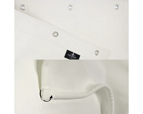 Detaljvy av ett ogenomskinligt tyg med öljetter och Burschberg-logotypen