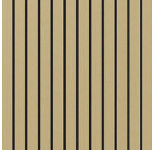 Akustikpanel med trästruktur och raka, svarta linjer