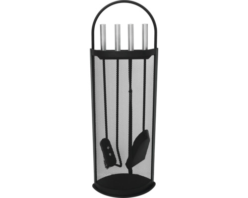 Eldstadstillbehör med skyffel, borste, eldtång och ställ.