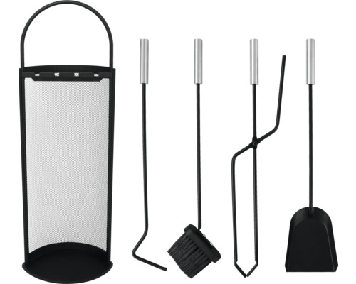 Eldställ med skyffel, borste, eldgaffel och tång