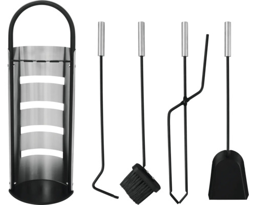 Eldställ med ställ, skyffel, borste, eldtång och eldgaffel