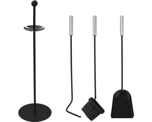 Eldställ med skyffel, borste, eldgaffel och ställ