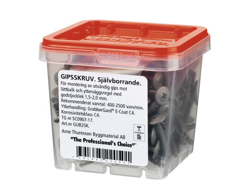 Gipsskruvar i genomskinlig plastlåda med rött lock