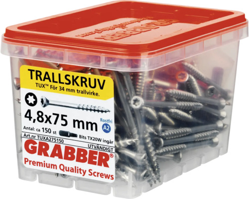 Grabber Trallskruv träskruvar 4,8x75 mm i transparent behållare med rött lock