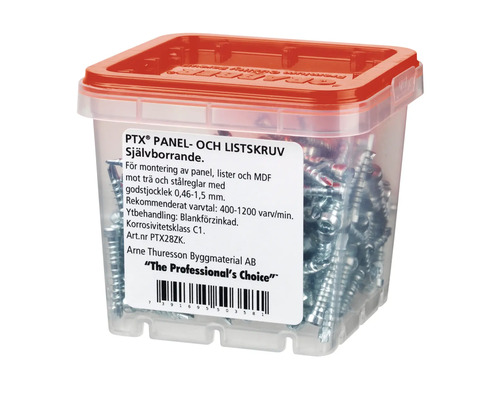 PTX Panel- och listskruv i transparent plastlåda med rött lock
