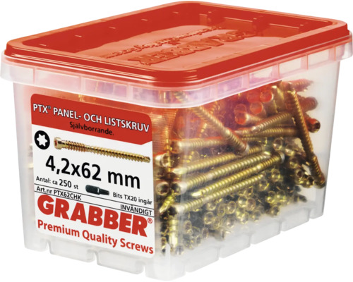 Skruvar i genomskinlig burk med rött lock, storlek 4,2x62 millimeter