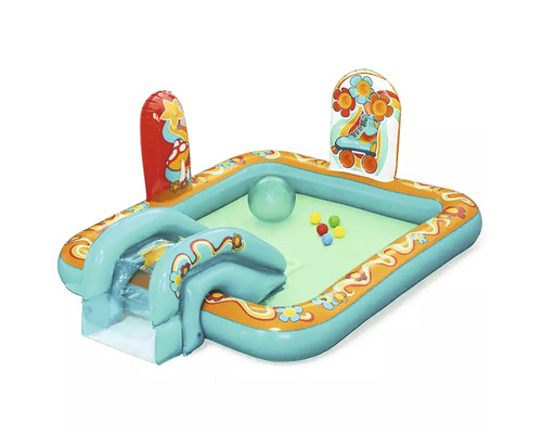 Uppblåsbar plaskdamm med rutschkana och färgade bollar
