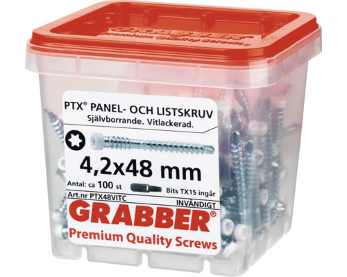 Grabber skruvar 4,2x48 mm i transparent plastlåda med rött lock