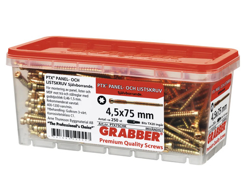 Skruvar 4,5x75 millimeter i transparent låda med rött lock