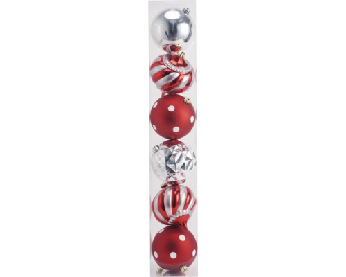 Julgranskulor LAFIORA plast 6-pack silver/röd Diverse julgranskulor i transparent förpackning