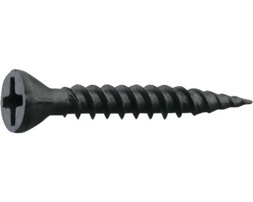 En svart gipsskruv med Phillips-huvud.