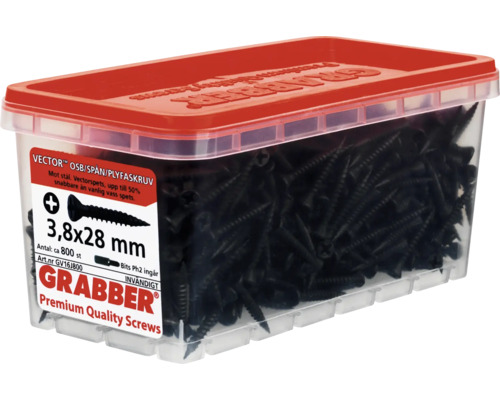 Skruvar 3,8x28 millimeter i genomskinlig plastlåda med rött lock