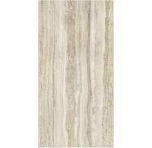 Beige travertinplatta med naturlig ådring.