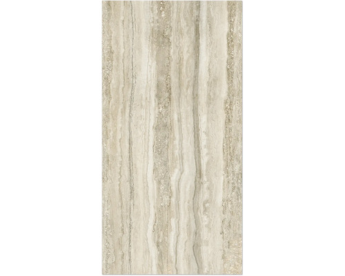 Beige travertinplatta med naturlig ådring.