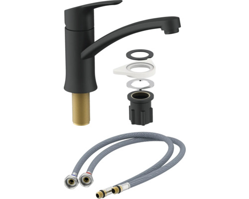 Köksblandare i svart med monteringsdelar och anslutningsslangar