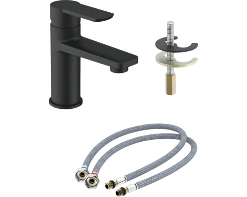 Tvättställsblandare i matt utförande med fästmaterial och flexibla anslutningsslangar