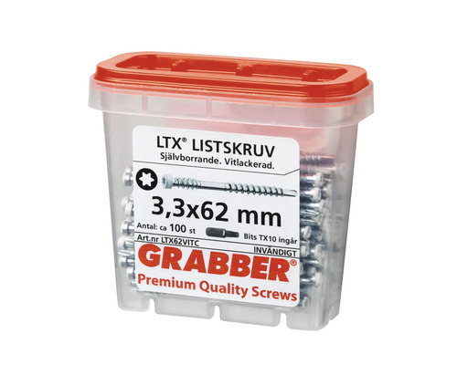 Skruvar 3,3x62 millimeter i genomskinlig låda med rött lock