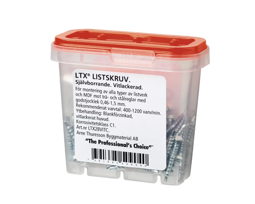 Förpackning med självborrande, vitlackerade skruvar för golvlister