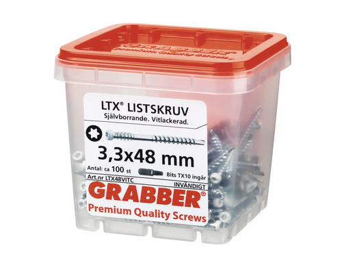 Skruvar i transparent plastlåda med rött lock, storlek 3,3 x 48 millimeter, cirka 100 stycken