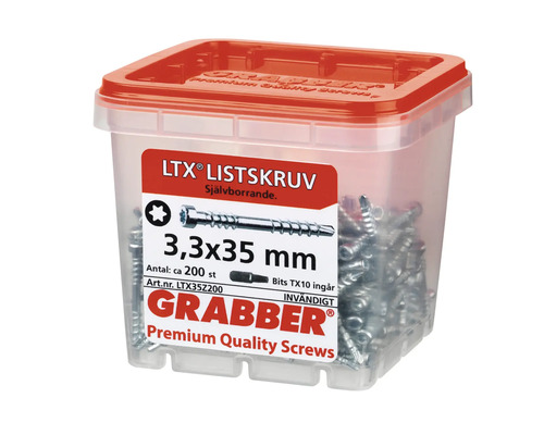 Grabber Premium Quality skruvar 3,3x35 mm i transparent plastlåda med rött lock