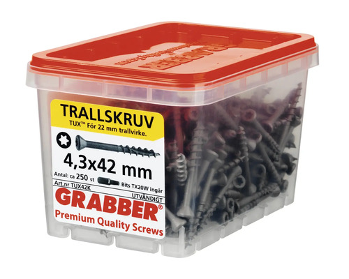 Skruvar 4,3x42 millimeter i transparent låda med rött lock