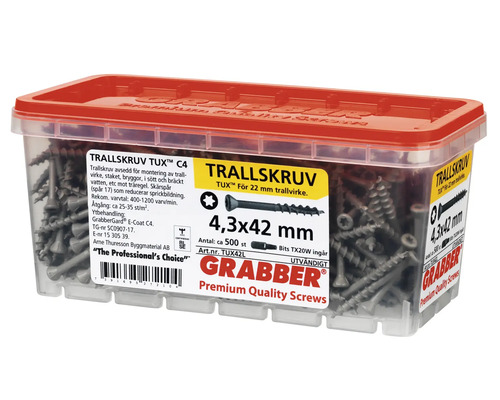 Grabber Premium Quality skruvar i behållare, storlek 4,3 x 42 millimeter