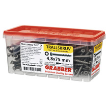 Grabber Premium Quality skruvar i transparent låda med rött lock, storlek 4,8x75 millimeter