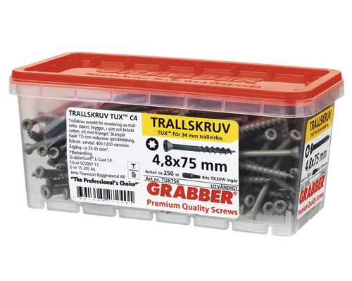 Grabber Premium Quality skruvar i transparent låda med rött lock, storlek 4,8x75 millimeter