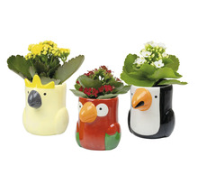 Tre djurformade blomkrukor med blommor