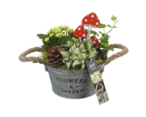 Blomsterarrangemang i metallhink med svampdekoration och tallkotte