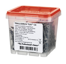 Trallskruv i transparent plastlåda med rött lock
