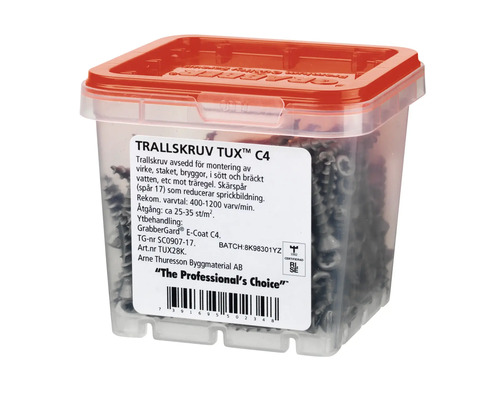 Trallskruv i transparent plastlåda med rött lock