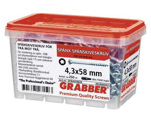 Spånskiveskruv i transparent plastlåda med rött lock