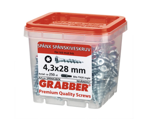 Spånskivesskruv 4,3x28 mm i transparent plastlåda